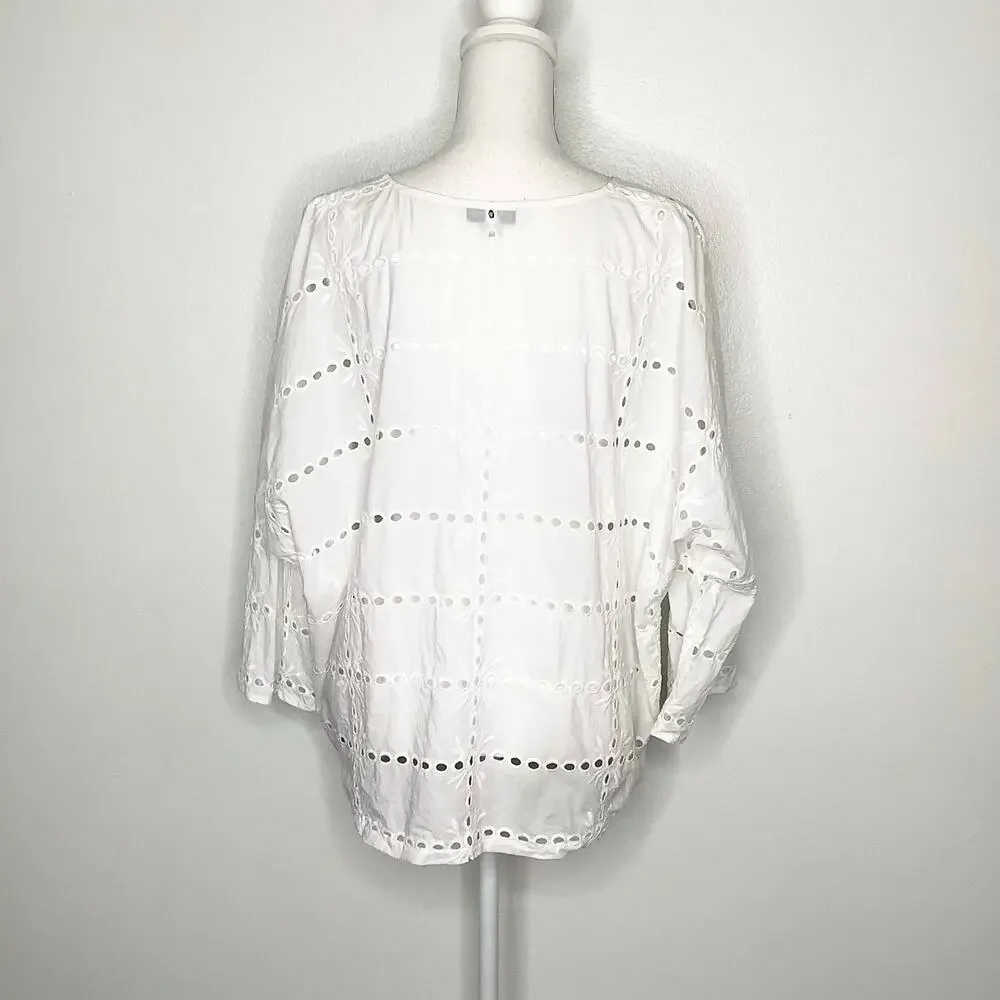 Liverpool White Eyelet Dolman Popover Blouse Top 3/4 Sleeves Scoop Neck Large - Picture 5 of 9